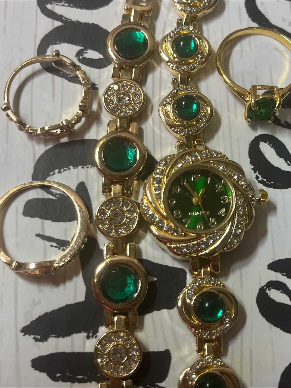 Watch set 5 piece gold tone with emerald accents